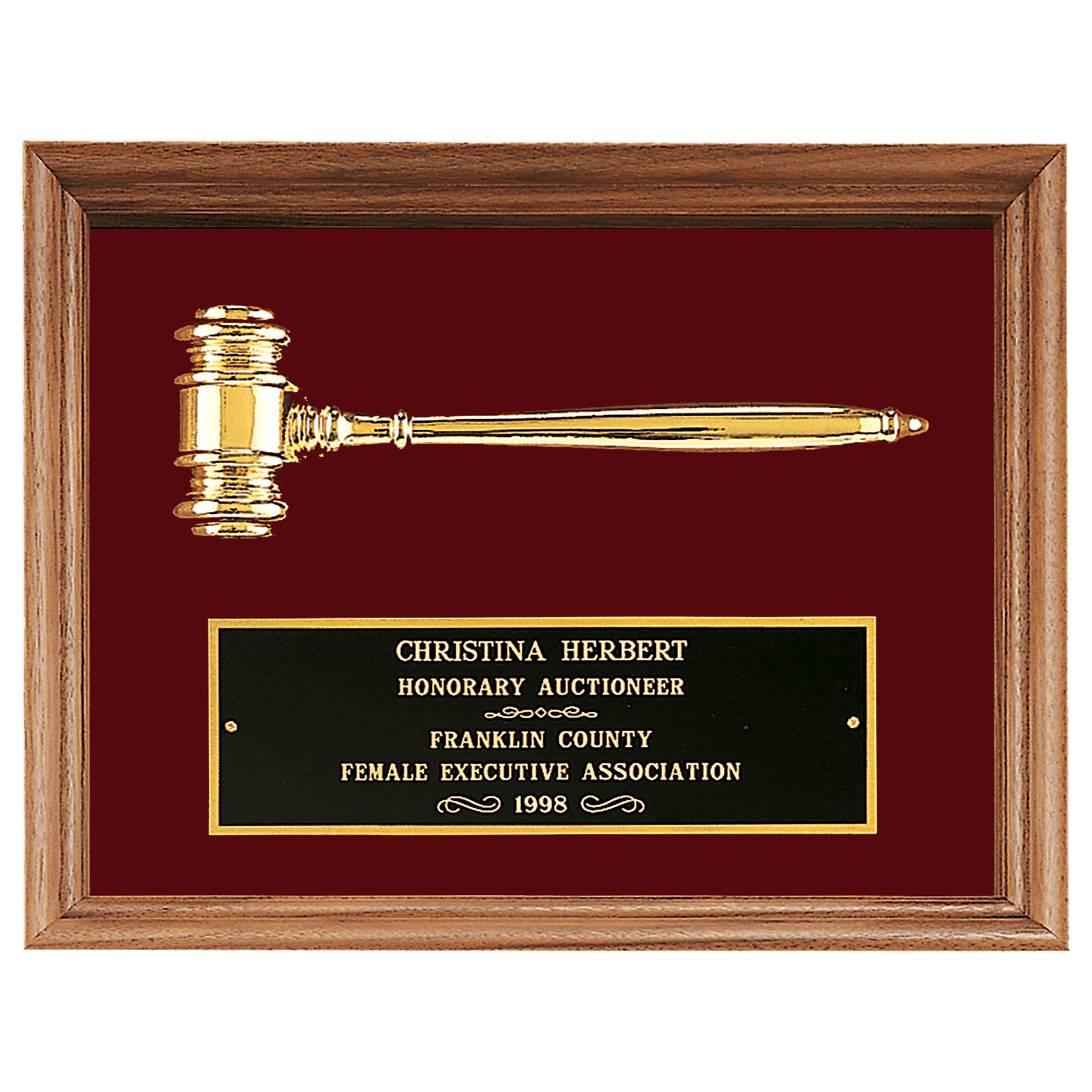 Gold Electroplated Gavel in a Walnut Frame with Maroon Velour Background and Black Laserable Brass 10" x 13" plate
