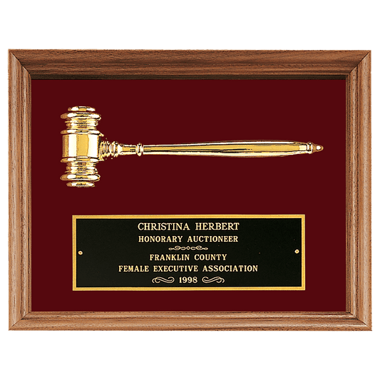Gold Electroplated Gavel in a Walnut Frame with Maroon Velour Background and Black Laserable Brass 10" x 13" plate