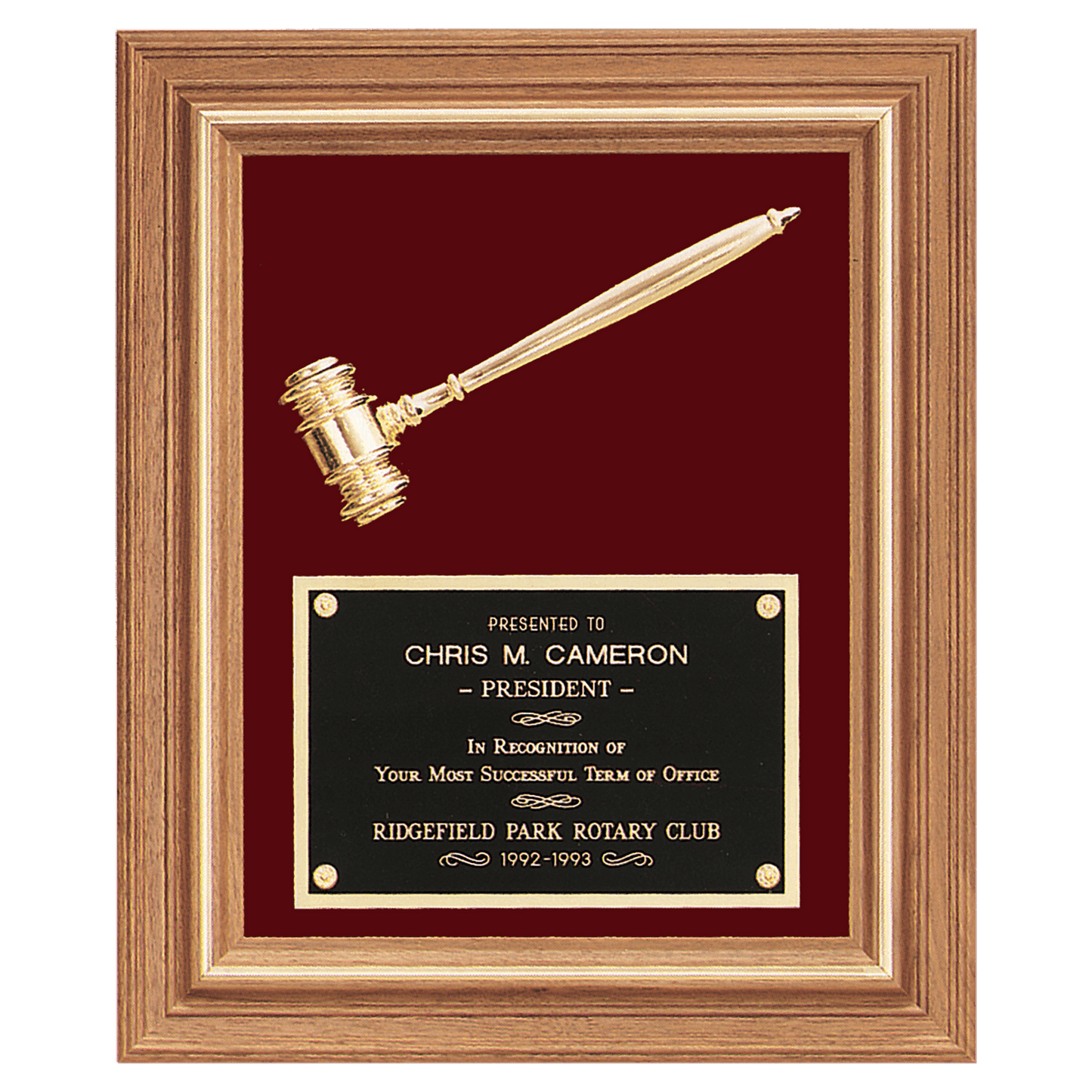 Gold Electroplated Gavel in a Walnut Frame with Maroon Velour Background and Black Laserable Brass 15" x 18" Plate
