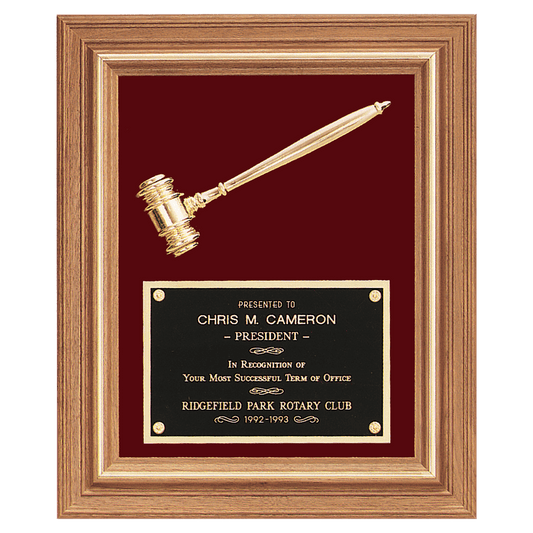 Gold Electroplated Gavel in a Walnut Frame with Maroon Velour Background and Black Laserable Brass 15" x 18" Plate