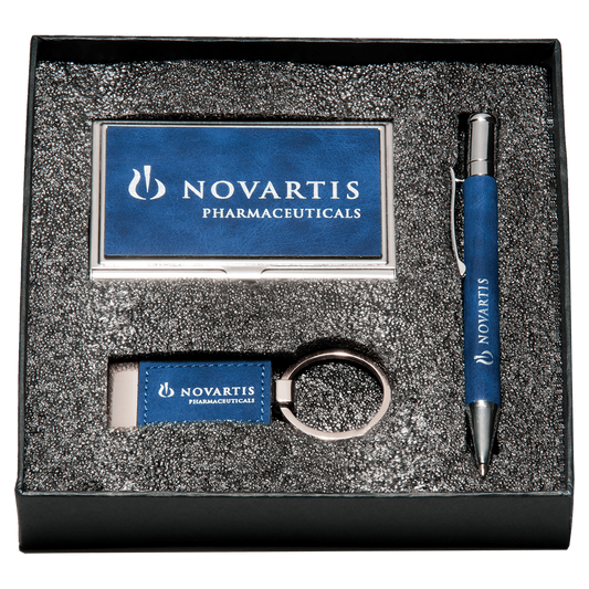 Blue Marbleized Leather Gift Set/Pen, Keychain, Business Card Holder