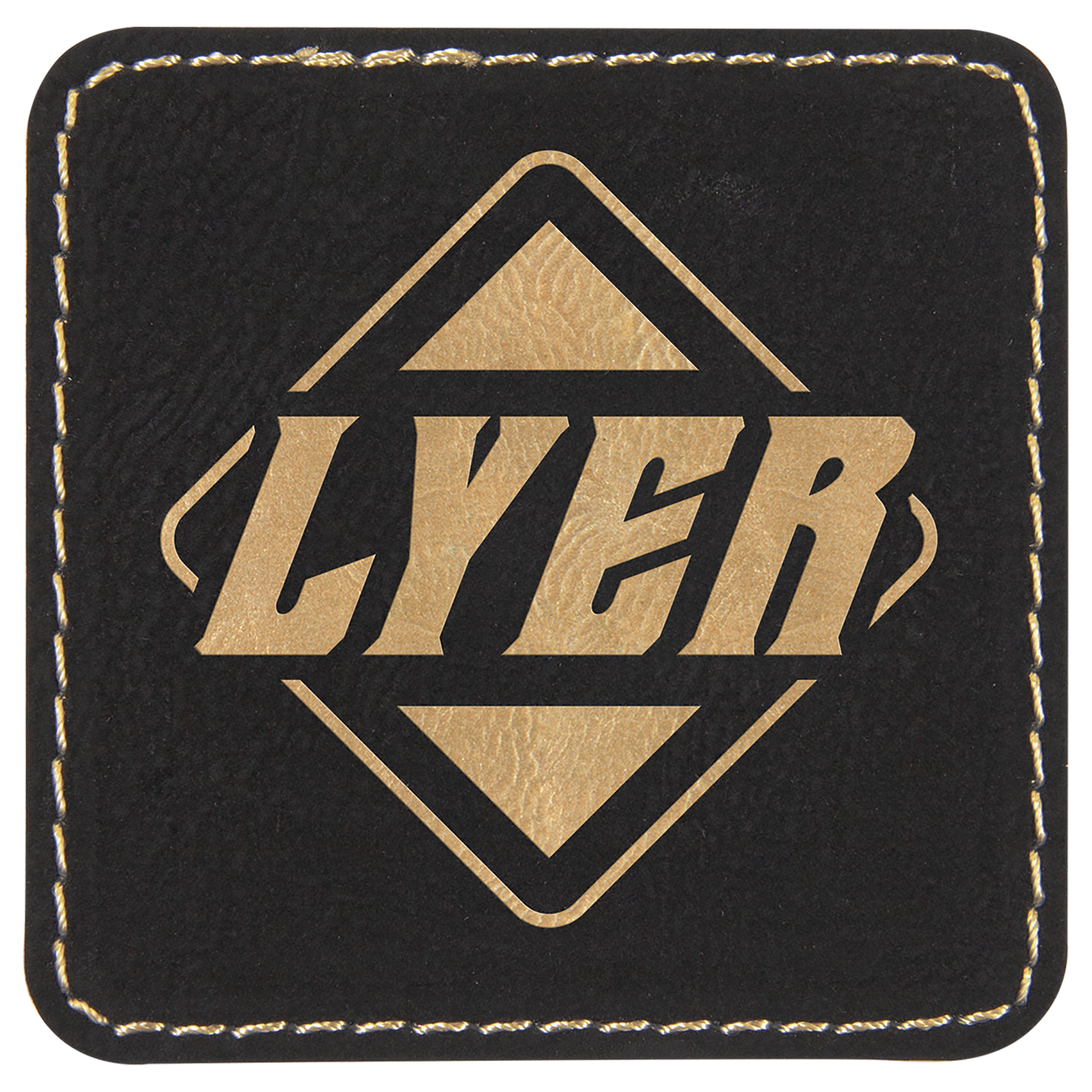 Black/Gold 2 1/2" x 2 1/2" Square Laserable Leatherette Patch with Adhesive
