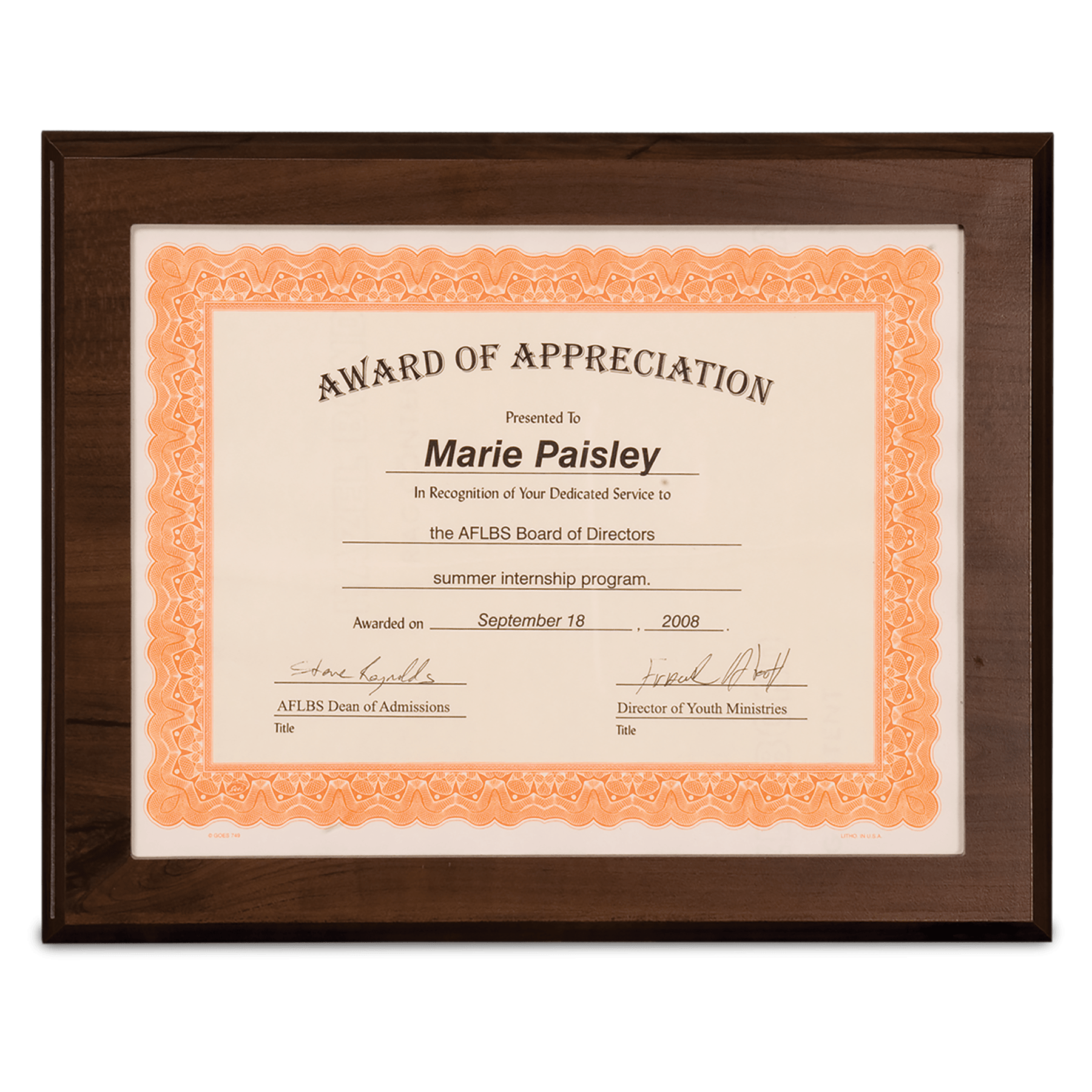 13" x 10 1/2" Cherry Finish Slide-In Frame Plaque with 11" x 8 1/2" Window
