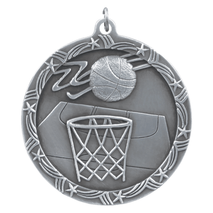 Antique Silver 2 1/2" Basketball Shooting Star Medal