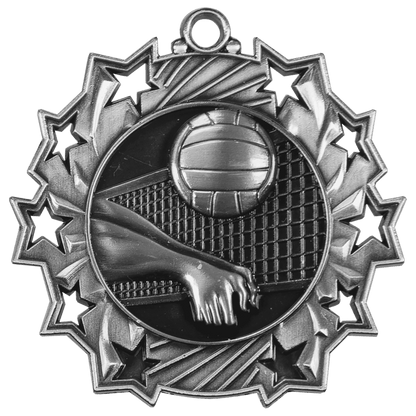 Antique Silver 2 1/4" Volleyball Ten Star Medal