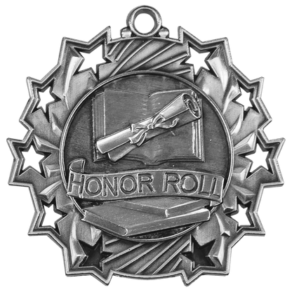 Antique Silver 2 1/4" Honor Roll Ten Star Medal