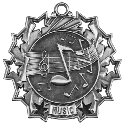 Antique Silver 2 1/4" Music Ten Star Medal