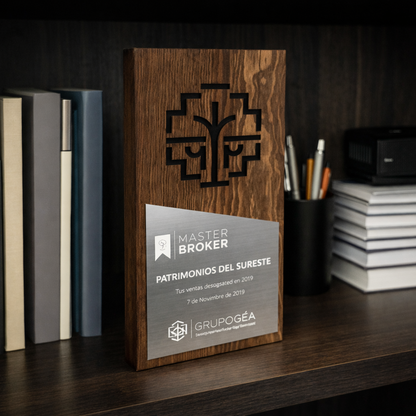 RME800. Trofeo de Madera con Logo Grabado y Placa Metálica
