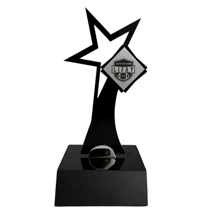 DEP156. trofeo personalizado con logo acrilico aluminio MDF 22cm evento