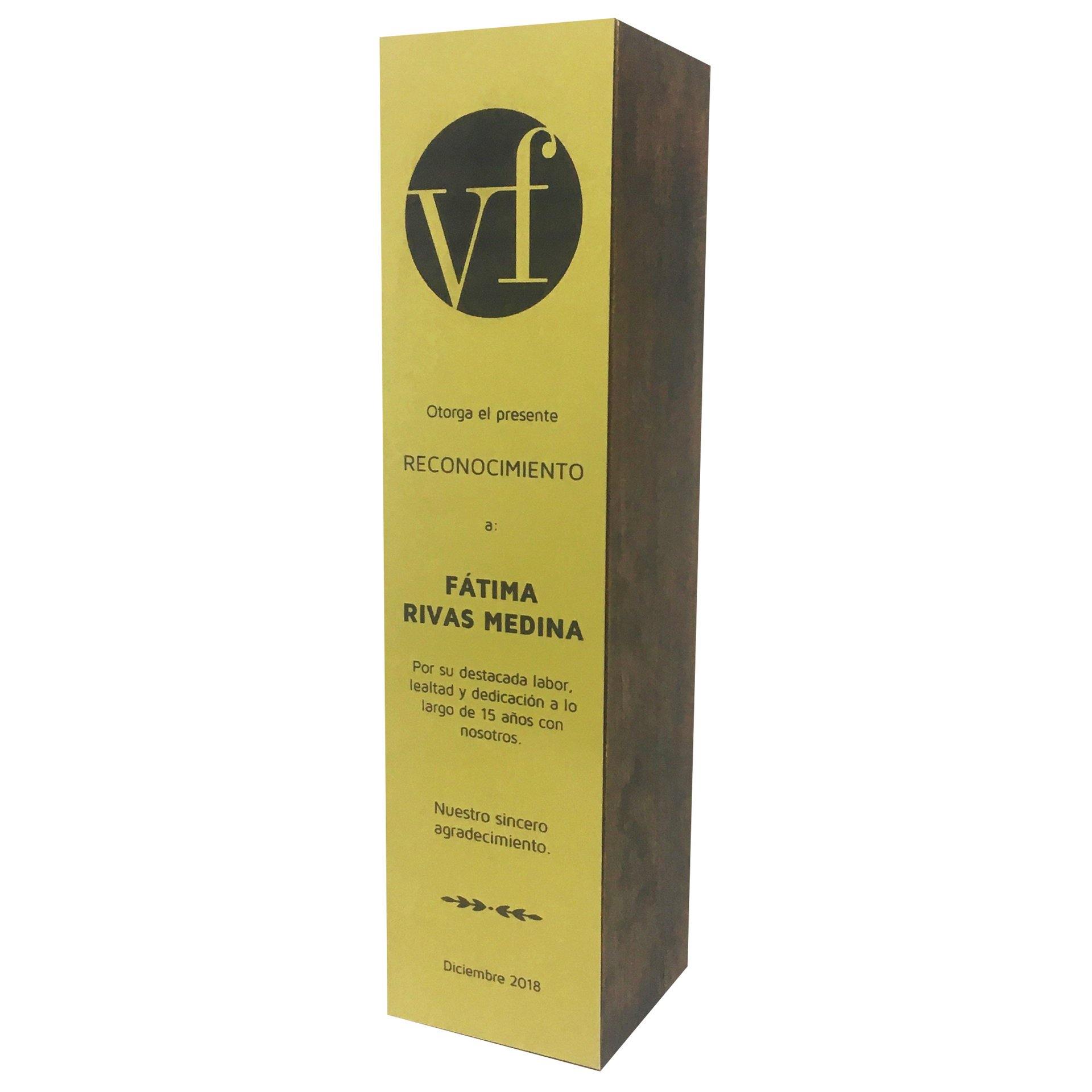 RME155. reconocimiento madera y placa aluminio 7x7x27 cm personalizable